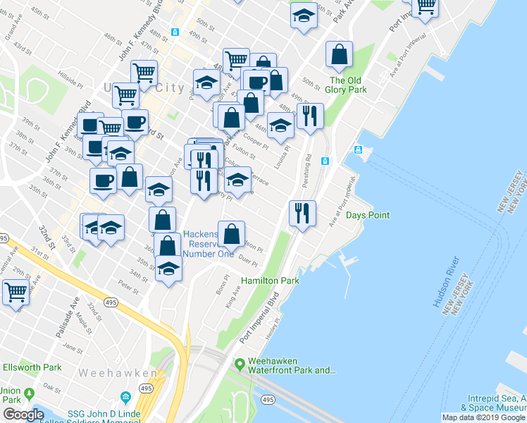 map of restaurants, bars, coffee shops, grocery stores, and more near 20 Clifton Terrace in Weehawken