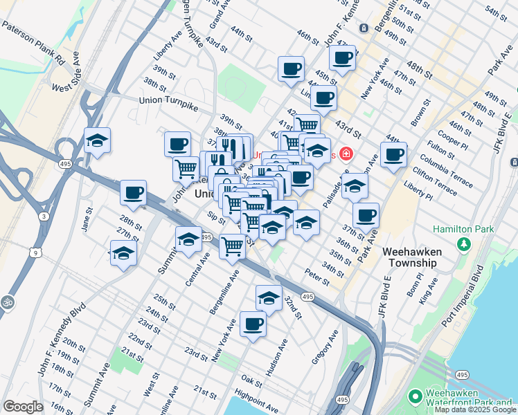 map of restaurants, bars, coffee shops, grocery stores, and more near 542 35th Street in Union City