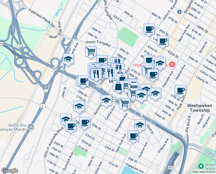 map of restaurants, bars, coffee shops, grocery stores, and more near in Union City