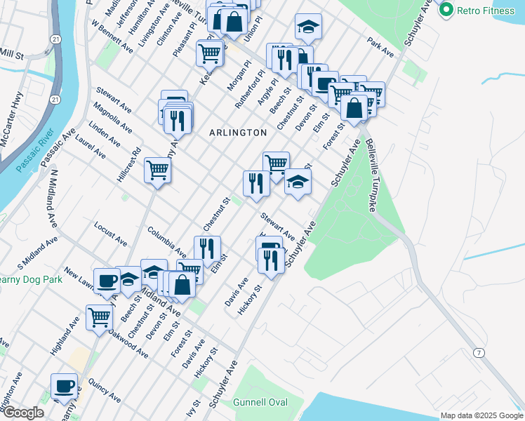 map of restaurants, bars, coffee shops, grocery stores, and more near 636 Elm Street in Kearny