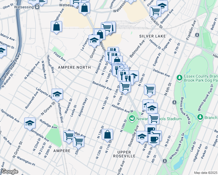 map of restaurants, bars, coffee shops, grocery stores, and more near 231 North 16th Street in Bloomfield
