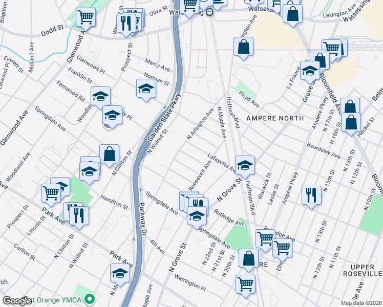 map of restaurants, bars, coffee shops, grocery stores, and more near 444 North Arlington Avenue in East Orange