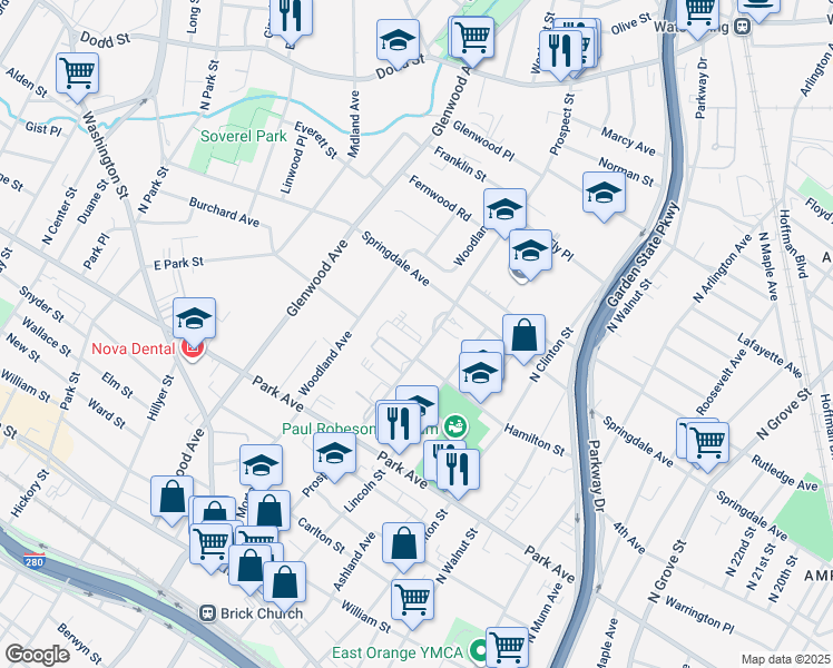 map of restaurants, bars, coffee shops, grocery stores, and more near 275 Prospect Street in East Orange