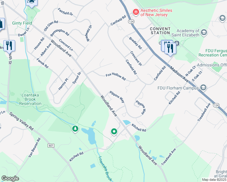 map of restaurants, bars, coffee shops, grocery stores, and more near 16 Fox Hollow Road in Morristown