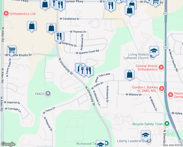 map of restaurants, bars, coffee shops, grocery stores, and more near 1433 West Tiffany Court in Peoria