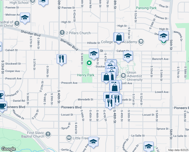 map of restaurants, bars, coffee shops, grocery stores, and more near 3831 South 46th Street in Lincoln