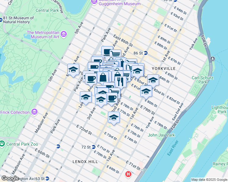 map of restaurants, bars, coffee shops, grocery stores, and more near 201 Temple Shaaray Tefila Place in New York
