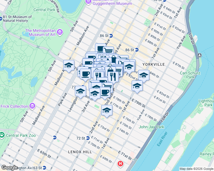 map of restaurants, bars, coffee shops, grocery stores, and more near East 79th Street in New York