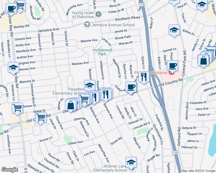 map of restaurants, bars, coffee shops, grocery stores, and more near 6 Patricia Street in Plainview