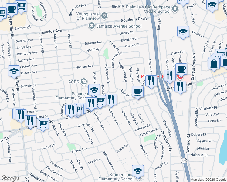 map of restaurants, bars, coffee shops, grocery stores, and more near 6 Shelter Hill Road in Plainview