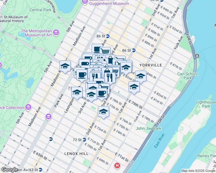 map of restaurants, bars, coffee shops, grocery stores, and more near 237 East 79th Street in New York