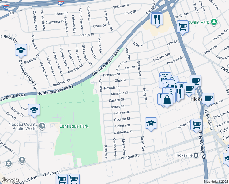 map of restaurants, bars, coffee shops, grocery stores, and more near 226 Nevada Street in Hicksville