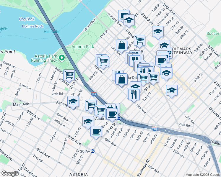 map of restaurants, bars, coffee shops, grocery stores, and more near 23-90 26th Street in Queens