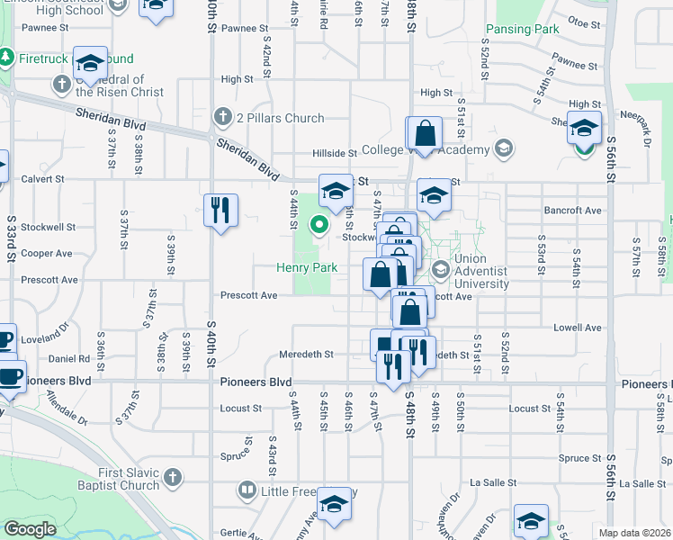 map of restaurants, bars, coffee shops, grocery stores, and more near 4545 Cooper Avenue in Lincoln