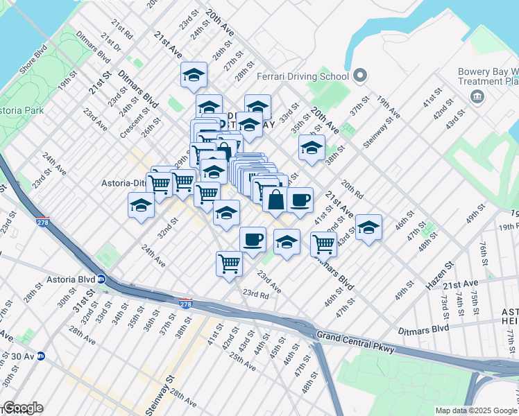 map of restaurants, bars, coffee shops, grocery stores, and more near 36-16 Ditmars Boulevard in Queens