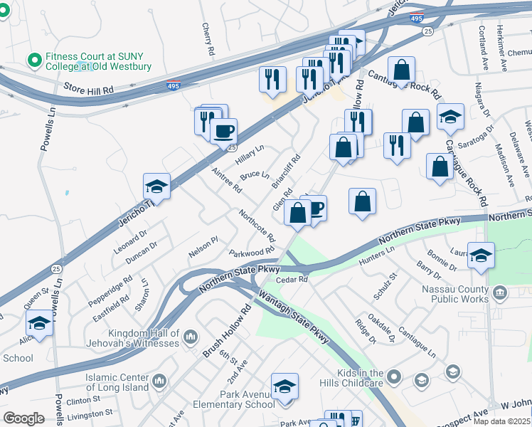 map of restaurants, bars, coffee shops, grocery stores, and more near 145 Briarcliff Road in Westbury