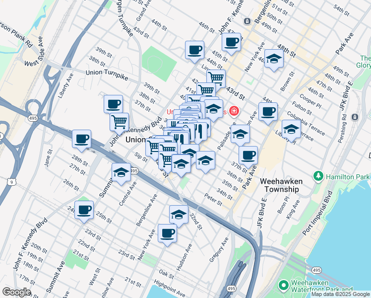 map of restaurants, bars, coffee shops, grocery stores, and more near 512 36th Street in Union City