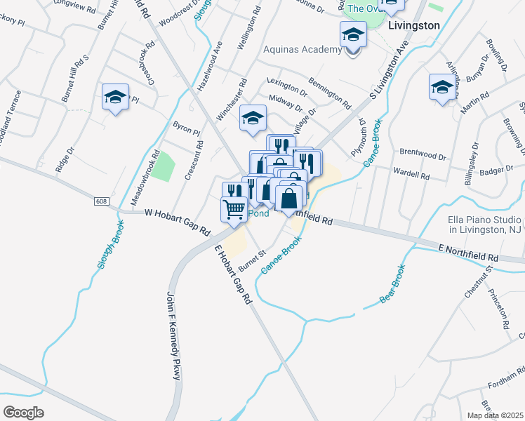 map of restaurants, bars, coffee shops, grocery stores, and more near 9 West Northfield Road in Livingston