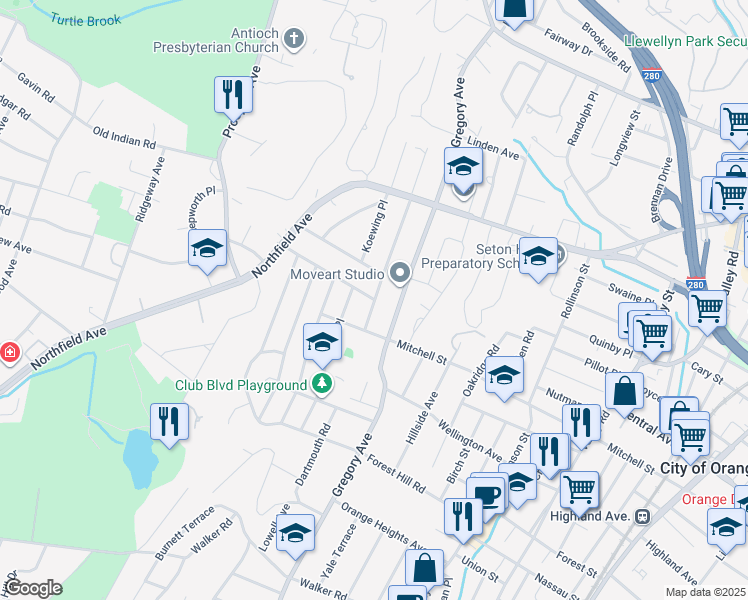 map of restaurants, bars, coffee shops, grocery stores, and more near 1 Bradford Avenue in West Orange