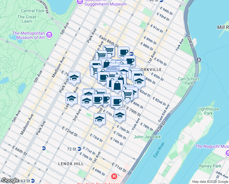 map of restaurants, bars, coffee shops, grocery stores, and more near 304 East 80th Street in New York