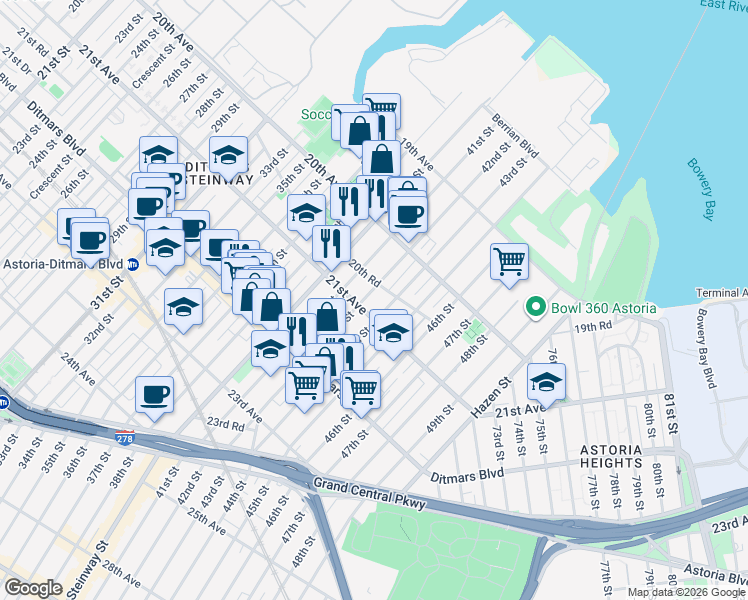 map of restaurants, bars, coffee shops, grocery stores, and more near 20-65 42nd Street in Queens