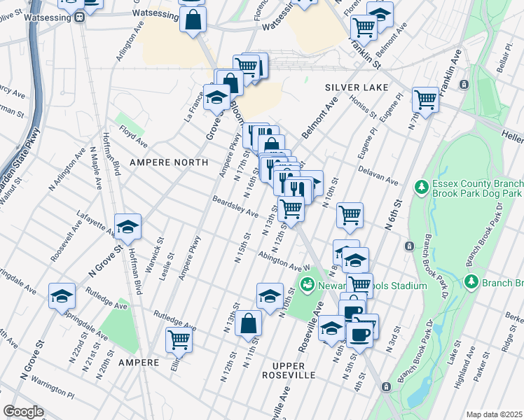 map of restaurants, bars, coffee shops, grocery stores, and more near 252 North 15th Street in Bloomfield