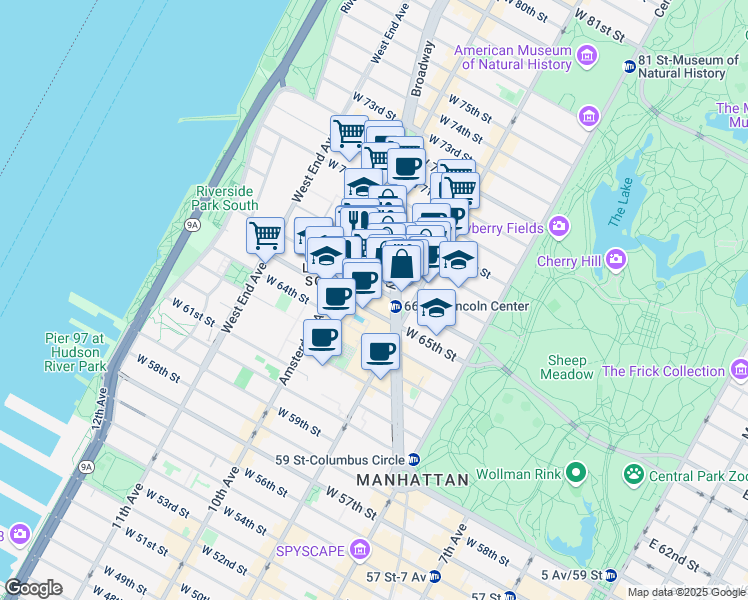 map of restaurants, bars, coffee shops, grocery stores, and more near 1991 Broadway in New York