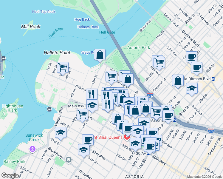 map of restaurants, bars, coffee shops, grocery stores, and more near 26-05 18th Street in Queens