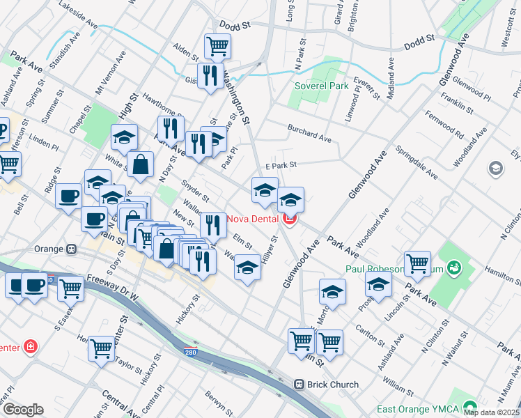 map of restaurants, bars, coffee shops, grocery stores, and more near 730 Park Avenue in East Orange