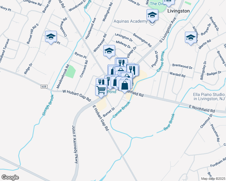 map of restaurants, bars, coffee shops, grocery stores, and more near 9 West Northfield Road in Livingston