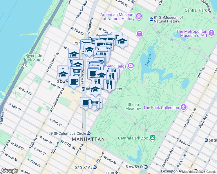 map of restaurants, bars, coffee shops, grocery stores, and more near 14 West 68th Street in New York