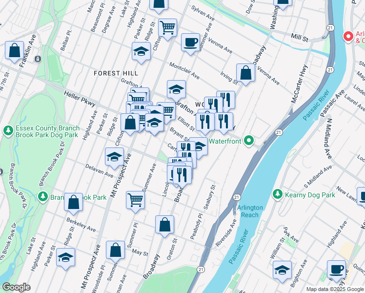 map of restaurants, bars, coffee shops, grocery stores, and more near 25-29 Bryant Street in Newark