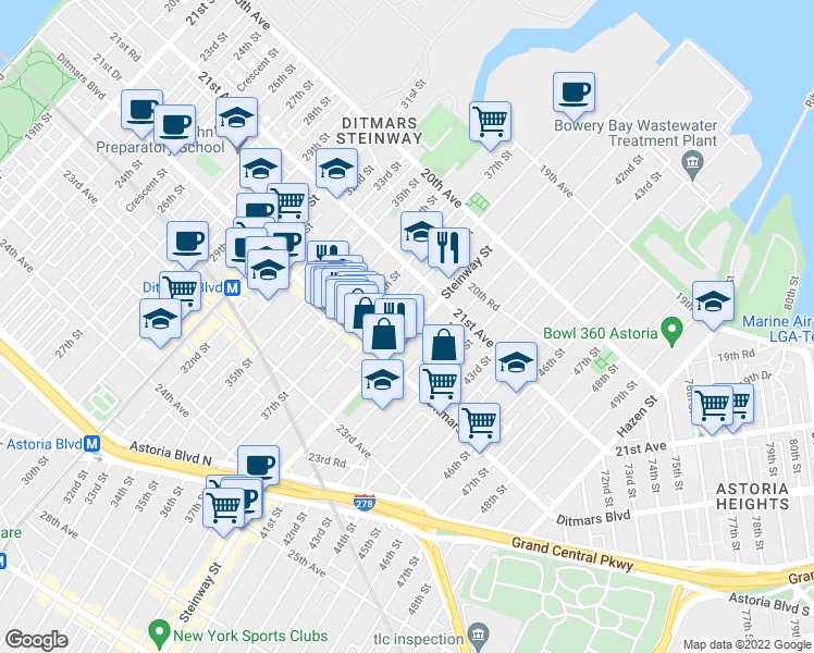 map of restaurants, bars, coffee shops, grocery stores, and more near 21-44 Steinway Street in Queens