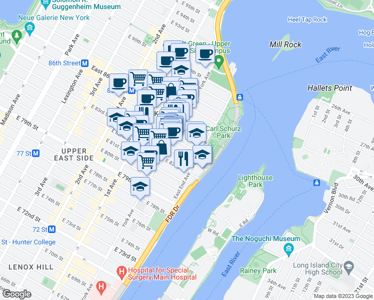 map of restaurants, bars, coffee shops, grocery stores, and more near 524 East 84th Street in New York