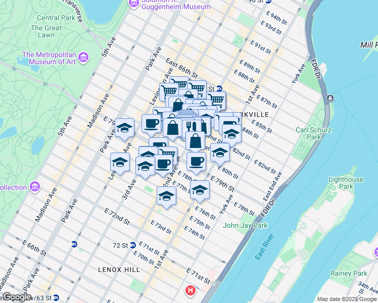 map of restaurants, bars, coffee shops, grocery stores, and more near 1534 2nd Avenue in New York