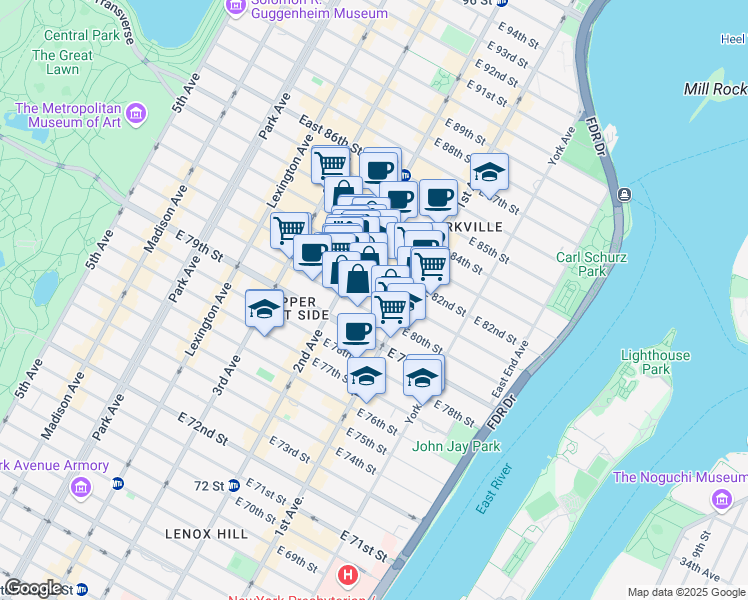 map of restaurants, bars, coffee shops, grocery stores, and more near 334 East 81st Street in New York