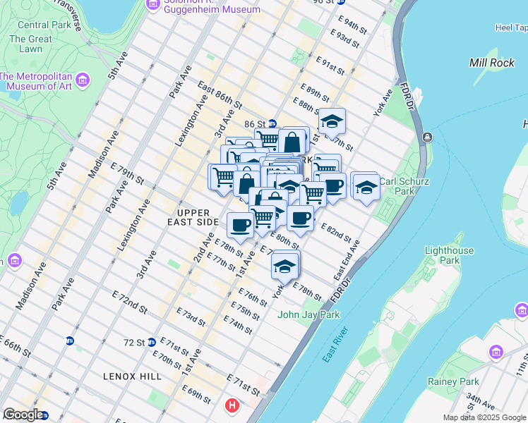 map of restaurants, bars, coffee shops, grocery stores, and more near 352 East 81st Street in New York