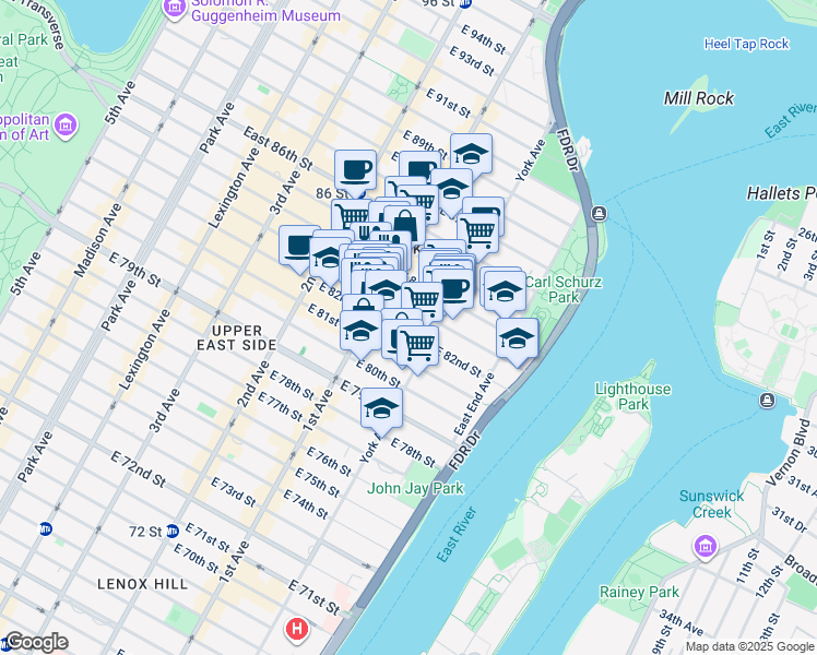 map of restaurants, bars, coffee shops, grocery stores, and more near 427 East 82nd Street in New York