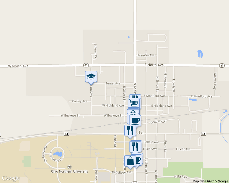 map of restaurants, bars, coffee shops, grocery stores, and more near 413 Heistand Street in Ada