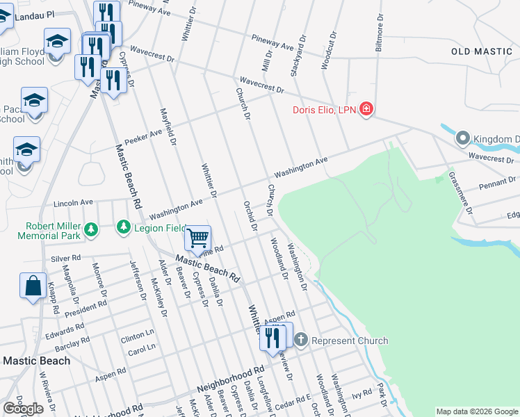 map of restaurants, bars, coffee shops, grocery stores, and more near 233 Orchid Drive in Mastic Beach