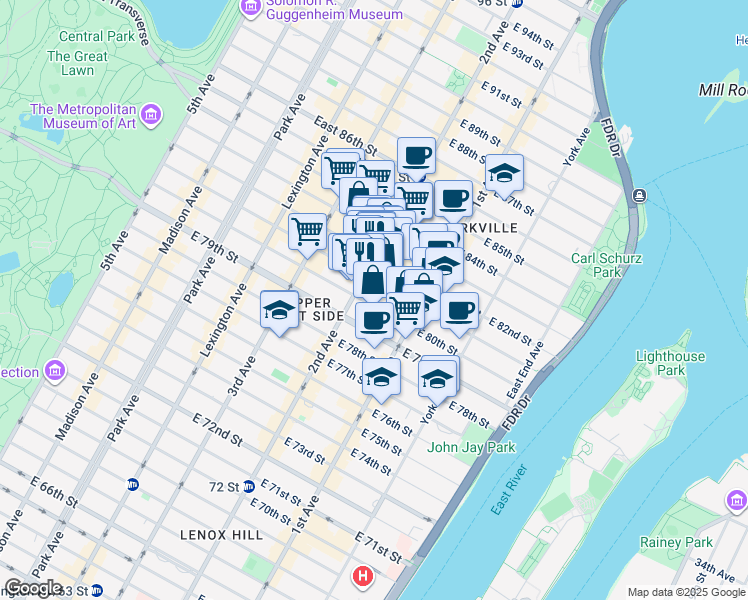 map of restaurants, bars, coffee shops, grocery stores, and more near 311 East 80th Street in New York