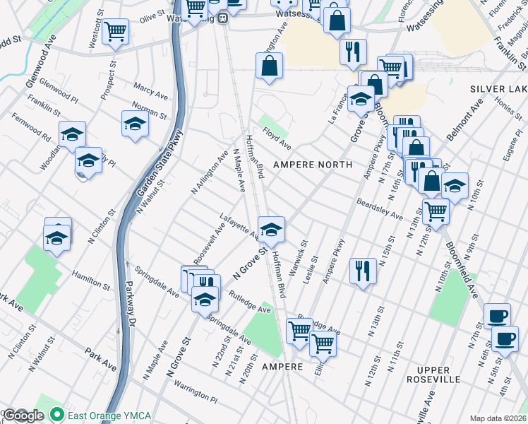 map of restaurants, bars, coffee shops, grocery stores, and more near 211 Hoffman Boulevard in East Orange
