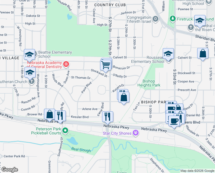 map of restaurants, bars, coffee shops, grocery stores, and more near 3910 South 27th Street in Lincoln