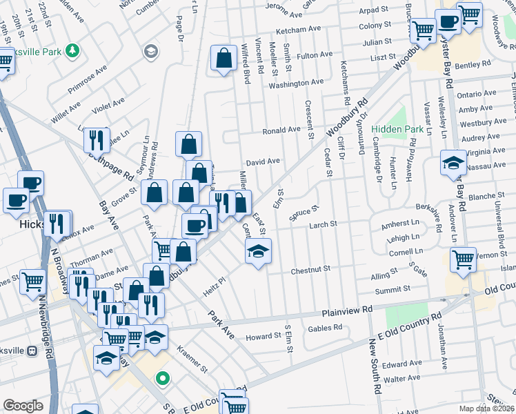 map of restaurants, bars, coffee shops, grocery stores, and more near 11 Miller Road in Hicksville