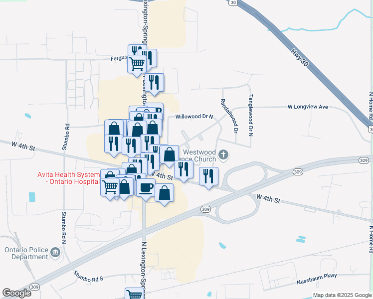 map of restaurants, bars, coffee shops, grocery stores, and more near 427 Rosewood Court in Ontario