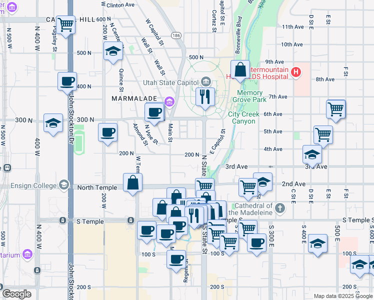 map of restaurants, bars, coffee shops, grocery stores, and more near 42 Hillside Avenue in Salt Lake City