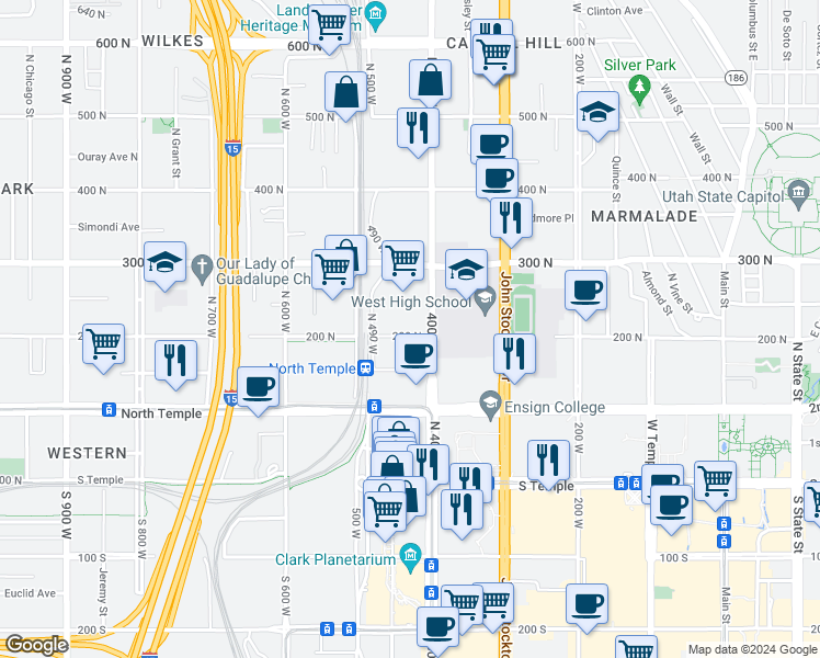 map of restaurants, bars, coffee shops, grocery stores, and more near 255 North 400 West in Salt Lake City
