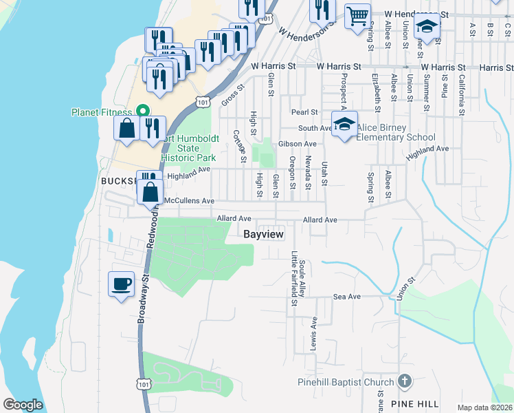 map of restaurants, bars, coffee shops, grocery stores, and more near 3565 Cottage Street in Eureka
