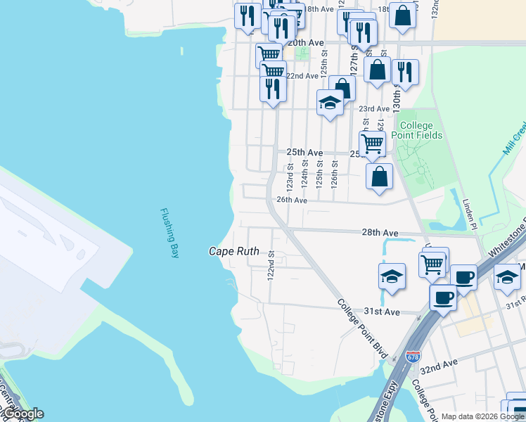 map of restaurants, bars, coffee shops, grocery stores, and more near 122-01 26th Avenue in Queens