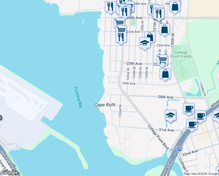 map of restaurants, bars, coffee shops, grocery stores, and more near 25 120th Street in Queens